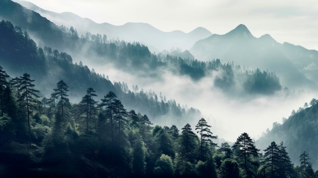 Ilustração fotorrealista de montanhas, floresta, névoa, manhã, mística, IA gerativa.