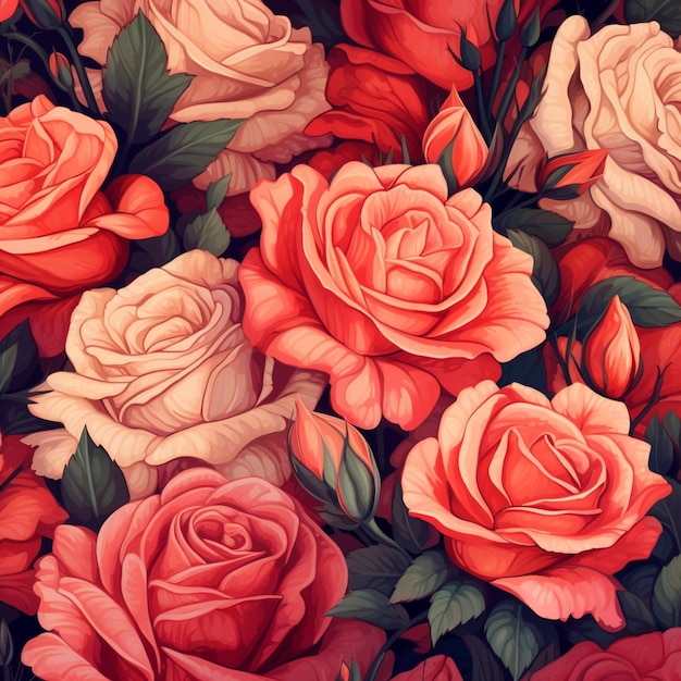 Ilustração Fundo floral abstrato rosas vermelhas e cor-de-rosa Generative AI