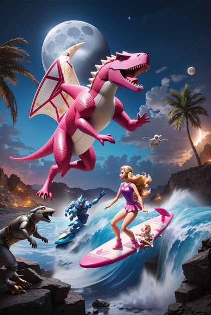 Ilustração futurista de Barbie com criaturas míticas e dinossauros