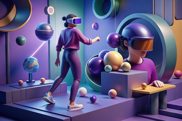 Ilustração futurista de pessoa com óculos de realidade virtual e elementos no fundo