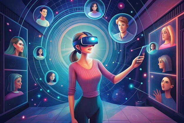 Foto ilustração futurista de pessoa com óculos de realidade virtual e elementos no fundo