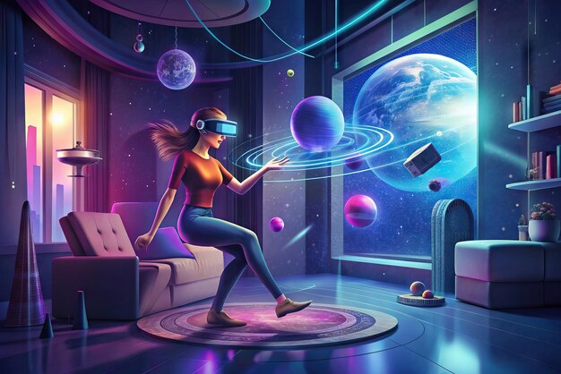 Foto ilustração futurista de pessoa com óculos de realidade virtual e elementos no fundo