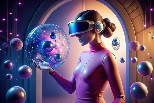 Ilustração futurista de pessoa com óculos de realidade virtual e elementos no fundo