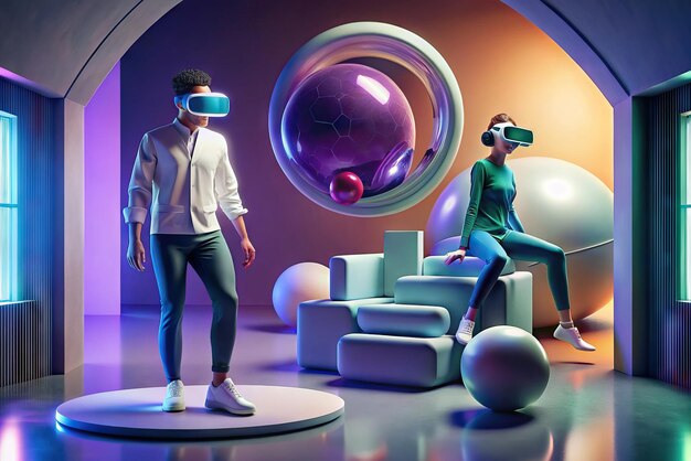 Ilustração futurista de pessoa com óculos de realidade virtual e elementos no fundo