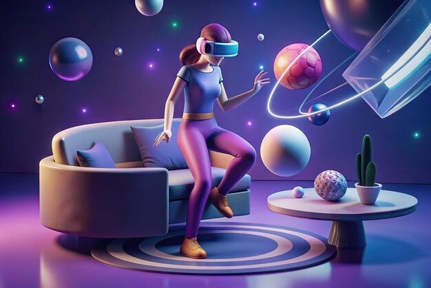 Ilustração futurista de pessoa com óculos de realidade virtual e elementos no fundo