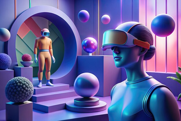 Ilustração futurista de pessoa com óculos de realidade virtual e elementos no fundo