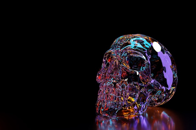 Ilustração futurista do crânio 3D. Crânio iluminado com luzes azuis, vermelhas e neon. Elemento de design futurista legal.