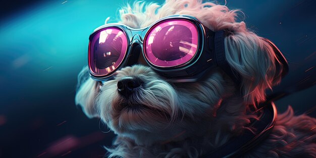 Ilustração futurista do personagem petfluencer Maltese Poodle em óculos VR iluminados com luz rosa contra fundo azul néon