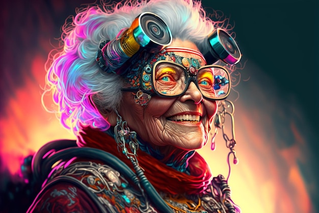 Ilustração generativa ai ficção científica futurista velha mulher robô humanóide