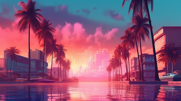 Ilustração generativa de AI Miami Summer Vibes Edifícios de cores rosa e azul vintage