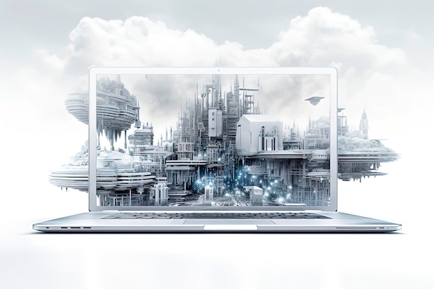 Ilustração generativa de IA da arquitetura futurista, conexão digital, informações em nuvem, código de informações se move para a tela do laptop Modelagem de informações de construção