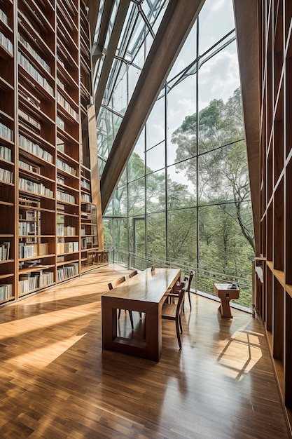 Ilustração generativa de IA da biblioteca de madeira reciclada moderna e futurista com grande janela com vista para o exterior