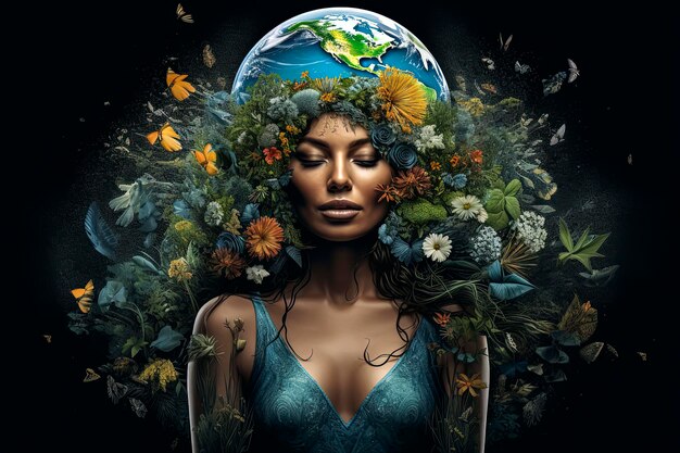 Ilustração generativa de IA da cabeça de uma linda mulher cercada por plantas e natureza verde no planeta Terra, representando o meio ambiente e a sustentabilidade para salvar o planeta