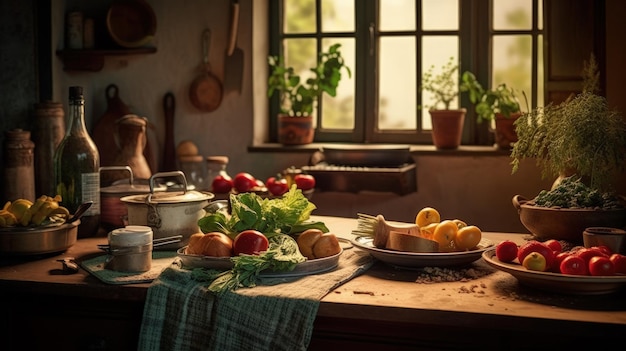 Ilustração generativa de IA da cena da cozinha italiana vintage