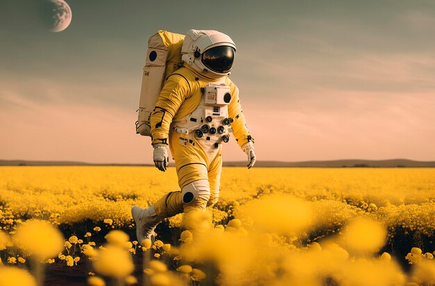 Ilustração generativa de IA de astronauta no campo com flores vermelhas