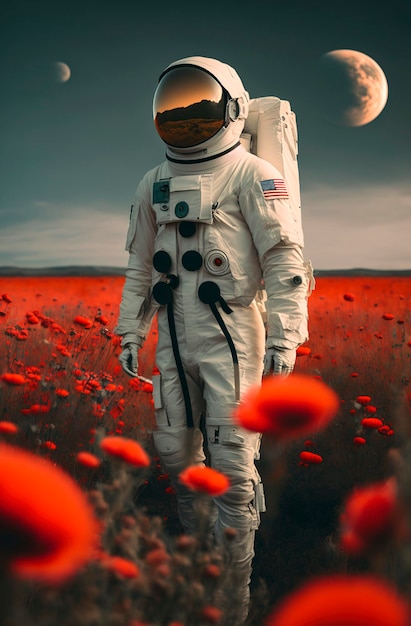 Ilustração generativa de ia de astronauta no campo com flores vermelhas