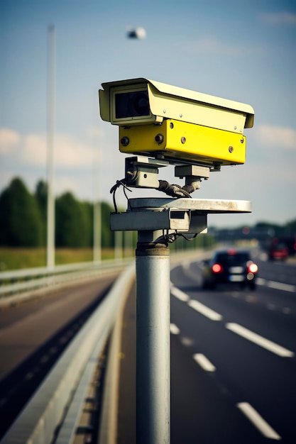 Foto ilustração generativa de ia de câmera de radar na estrada para controlar velocidade e tráfego controle de velocidade