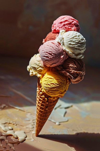 Ilustração generativa de IA de casquinha de sorvete de vários sabores