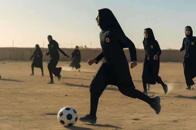 Ilustração generativa de IA de jovens árabes vestidas com djellaba e hijab jogando futebol