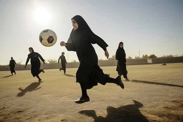 Ilustração generativa de IA de jovens árabes vestidas com djellaba e hijab jogando futebol