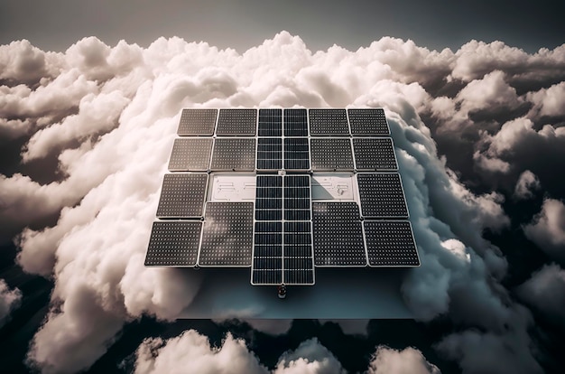 Ilustração generativa de IA de painéis solares e geradores de energia do sistema de painéis solares do céu azul do sol