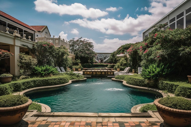 Ilustração generativa de IA de piscina de luxo e varanda verde de estilo colonial com sofás, mesas e cadeiras de madeira natural