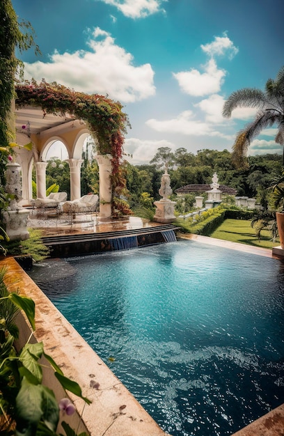 Ilustração generativa de IA de piscina de luxo e varanda verde de estilo colonial com sofás, mesas e cadeiras de madeira natural