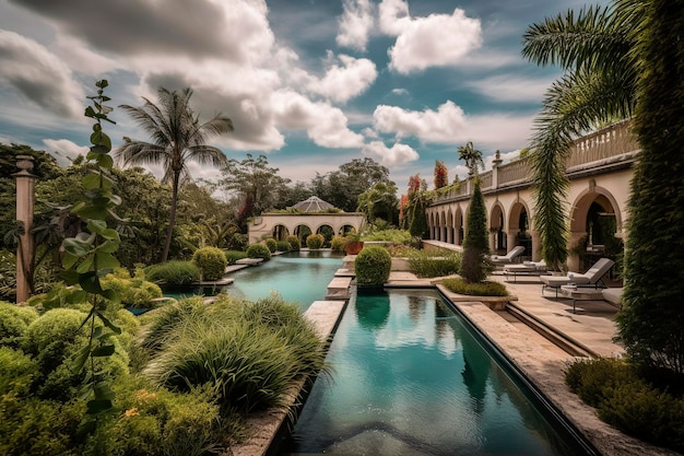 Ilustração generativa de IA de piscina de luxo e varanda verde de estilo colonial com sofás, mesas e cadeiras de madeira natural