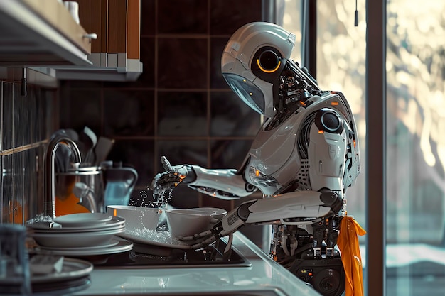 Foto ilustração generativa de ia de robôs de ia de próxima geração limpando pratos