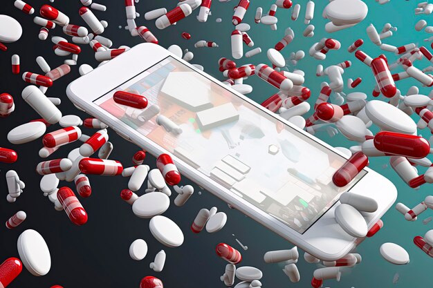 Foto ilustração generativa de ia de smartphone prescrevendo pílulas on-line para tratamento médico conceito de saúde on-line