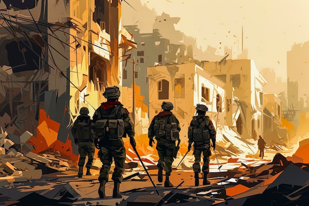 Ilustração generativa de IA de soldados israelenses patrulhando a Faixa de Gaza entre ruínas, bombas e incêndios na Guerra de Israel