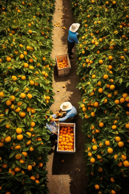 Foto ilustração generativa de ia de um campo de laranjeiras na estação de colheita frutas saudáveis com vitaminas