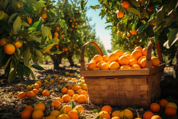 Ilustração generativa de IA de um campo de laranjeiras na estação de colheita Frutas saudáveis com vitaminas