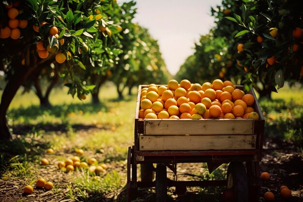 Foto ilustração generativa de ia de um campo de laranjeiras na estação de colheita frutas saudáveis com vitaminas