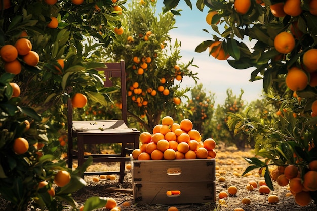 Ilustração generativa de IA de um campo de laranjeiras na estação de colheita Frutas saudáveis com vitaminas