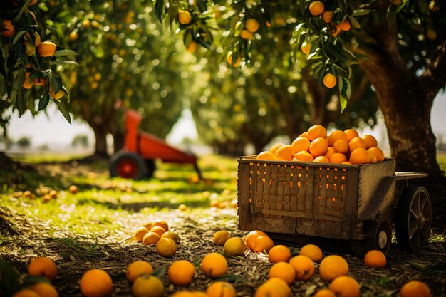 Ilustração generativa de IA de um campo de laranjeiras na estação de colheita Frutas saudáveis com vitaminas