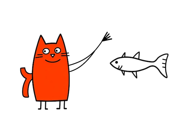 Foto ilustração generativa de ia de um gato olhando para um peixe em estilo de ilustração minimalista com cores vivas arte digital