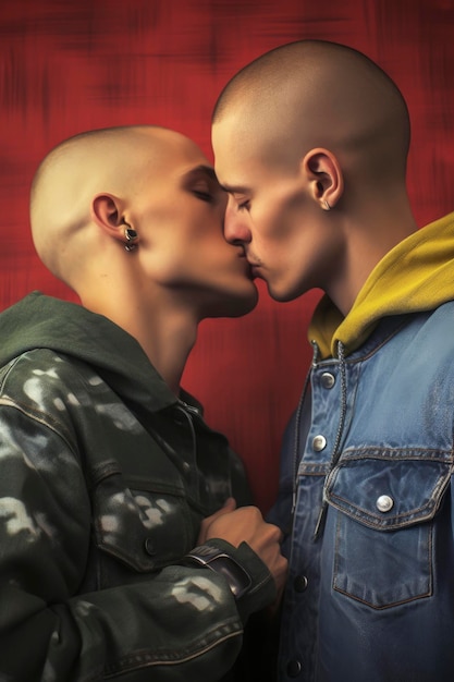 Ilustração generativa de IA de um jovem casal gay apaixonado por um beijo careca