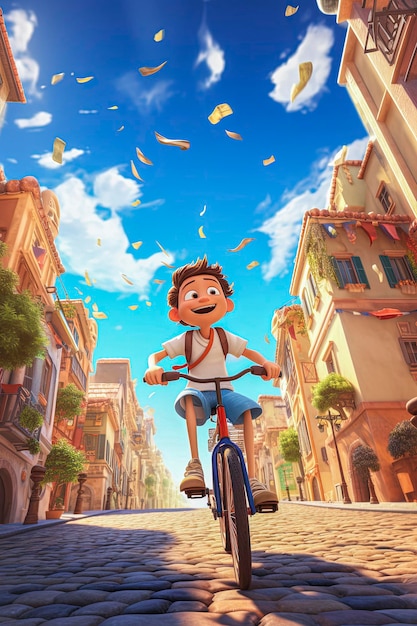 Ilustração generativa de IA de um menino feliz andando de bicicleta em alta velocidade pelas ruas de uma cidade Ilustração em estilo cartoon Arte digital
