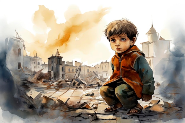 Ilustração generativa de IA de um menino palestino triste e chorando entre as ruínas da cidade de JerusalémEstilo de ilustraçãoGuerra de Israel