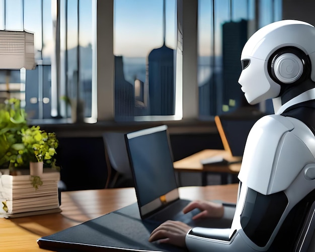 Ilustração generativa de IA de um robô trabalhando em um escritório moderno