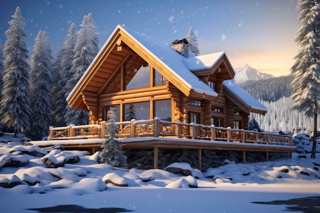 Ilustração generativa de IA de uma casa luxuosa de madeira na montanha com paisagem nevada em dia ensolarado Arquitetura sustentável