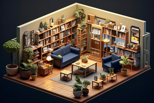 Ilustração generativa de IA de uma charmosa livraria com estética Showa com cadeiras, mesas e plantas usando um modelo 3D isométrico Conceito escolar Arte digital