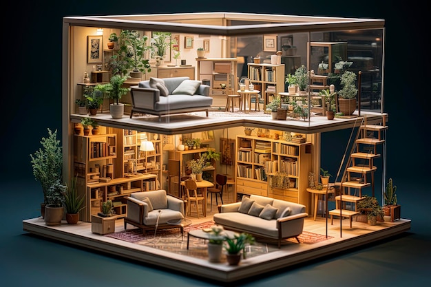 Ilustração generativa de IA de uma charmosa livraria com estética Showa com cadeiras, mesas e plantas usando um modelo 3D isométrico Conceito escolar Arte digital