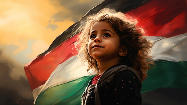 Ilustração generativa de IA de uma criança ao fundo de um retrato da bandeira palestina