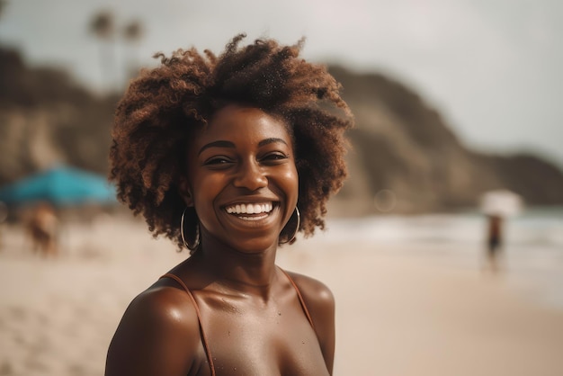 Ilustração generativa de IA de uma encantadora mulher afro-americana de biquíni sorrindo para a câmera