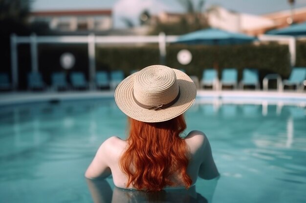 Ilustração generativa de IA de uma jovem de cabelo comprido usando chapéu relaxando na piscina de um resort turístico durante