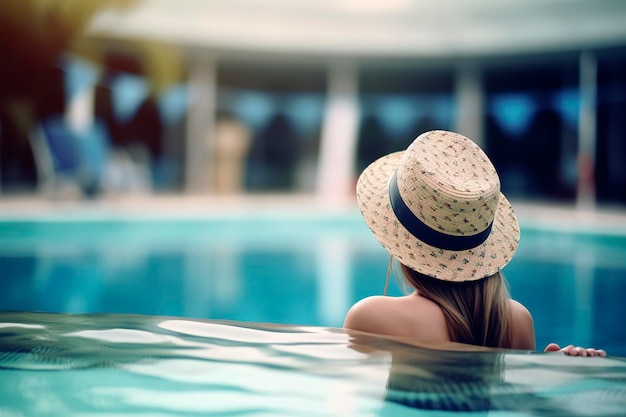 Ilustração generativa de IA de uma jovem de cabelo comprido usando chapéu relaxando na piscina de um resort turístico durante