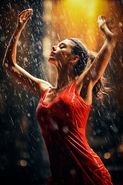 Ilustração generativa de IA de uma linda garota de vestido vermelho curtindo a chuva com luz noturna andando pelas ruas da cidade