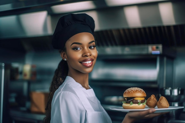 Ilustração generativa de IA de uma linda jovem negra vestida como cozinheira mostrando comida na mão